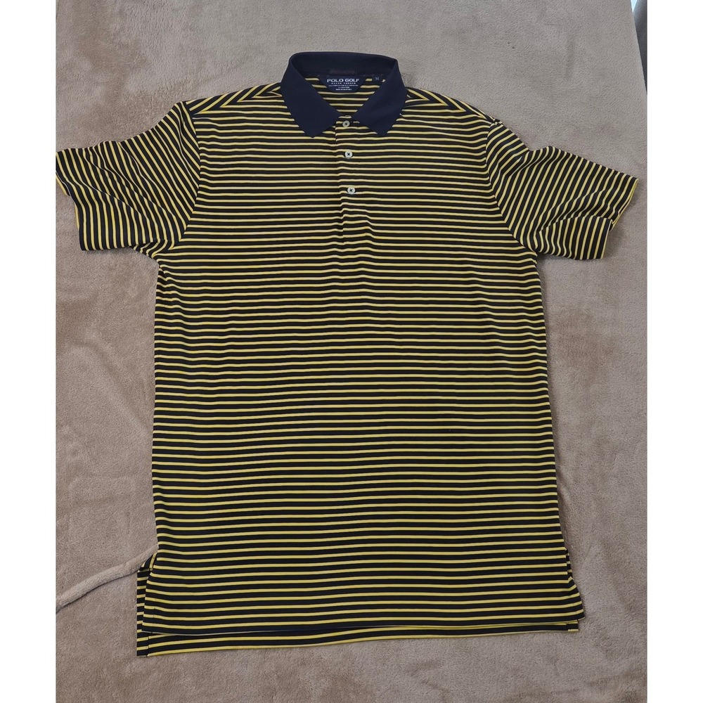 Vintage Polo Golf Performance Polo Shirt Men Medium Yellow Blue Stripe S/S EUC